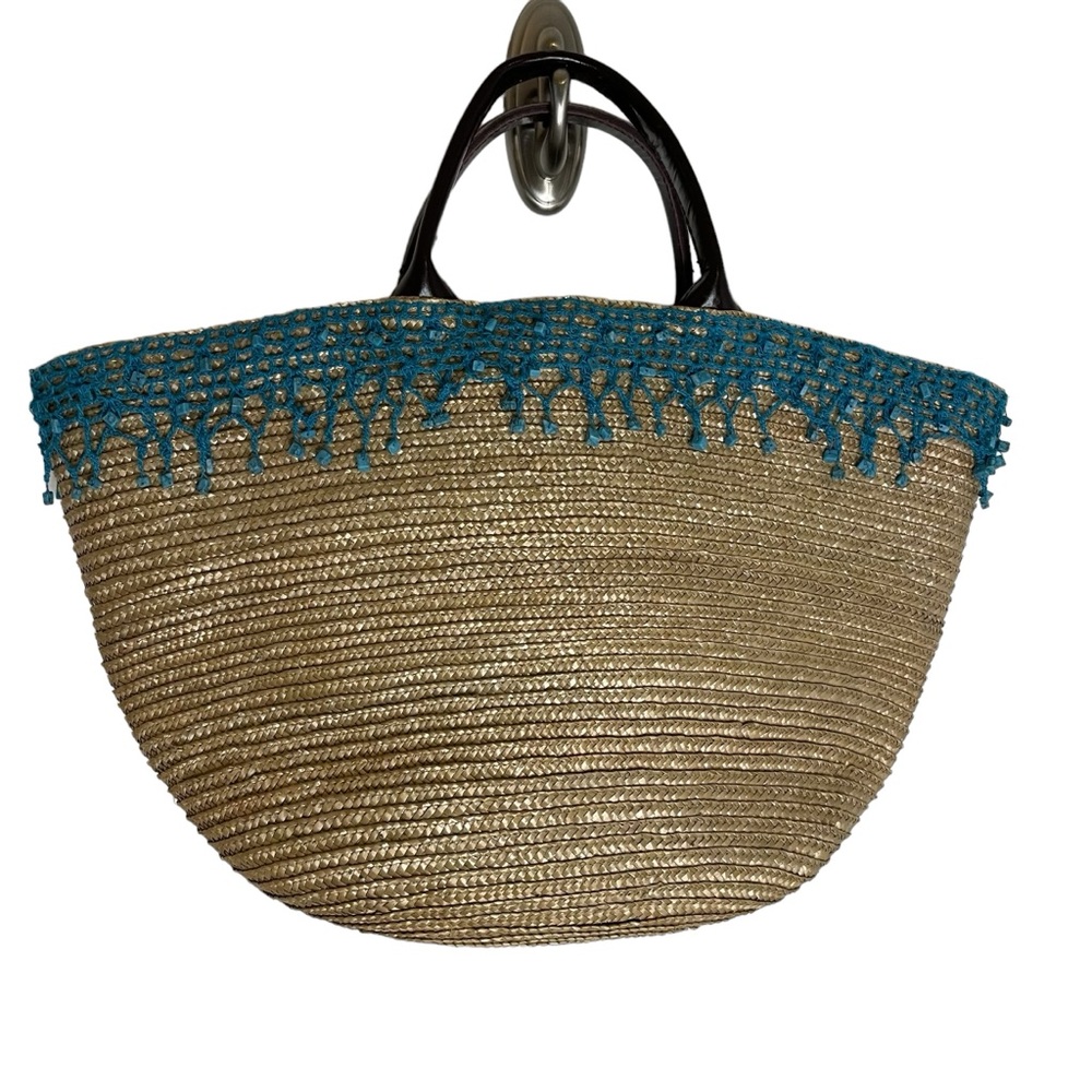 Flora Bella Straw Crochet Trim Leather Handle Tote Bag